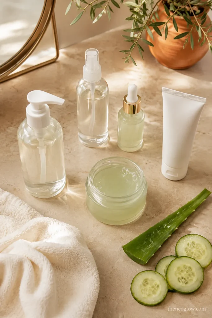 Dewy skin routine products with facial mist, gel moisturizer, sunscreen, and gentle cleanser