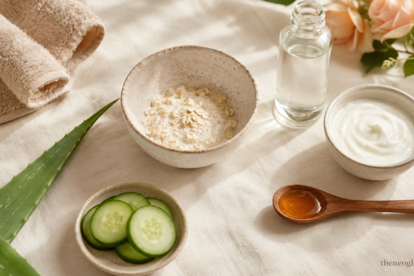 DIY face masks for glowing skin with honey, oats, cucumber, aloe vera, and rose water on a clean spa flatlay