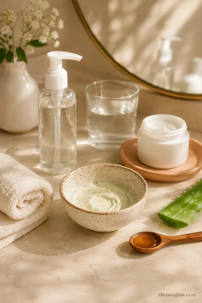 Clean DIY skincare mask routine setup with moisturizer, soft towel, face mask bowl, and water glass