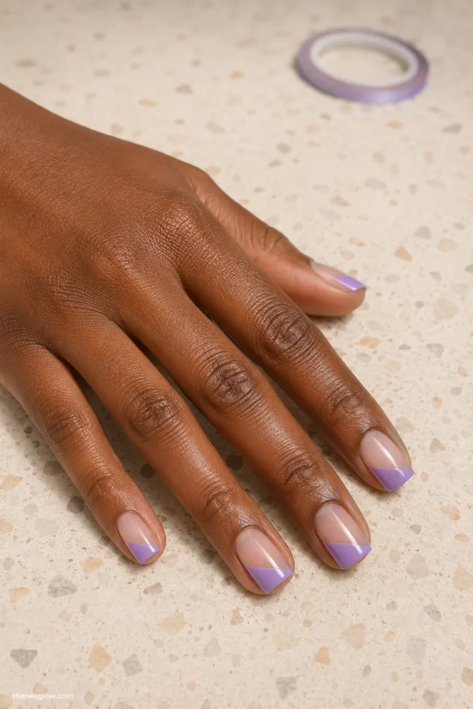 Short square nails with lavender diagonal negative-space tips