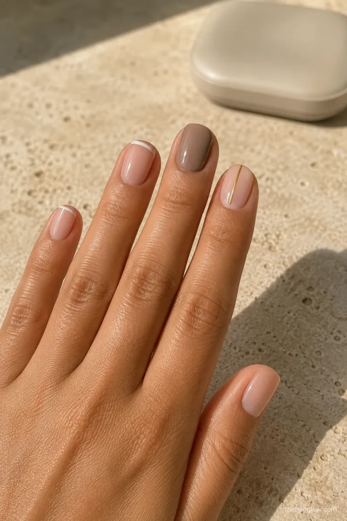 Short neutral press-on nails with micro French and tiny accents