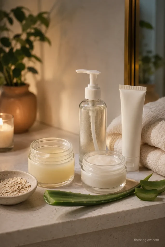 Evening summer skincare routine with gentle cleanser moisturizer and barrier support