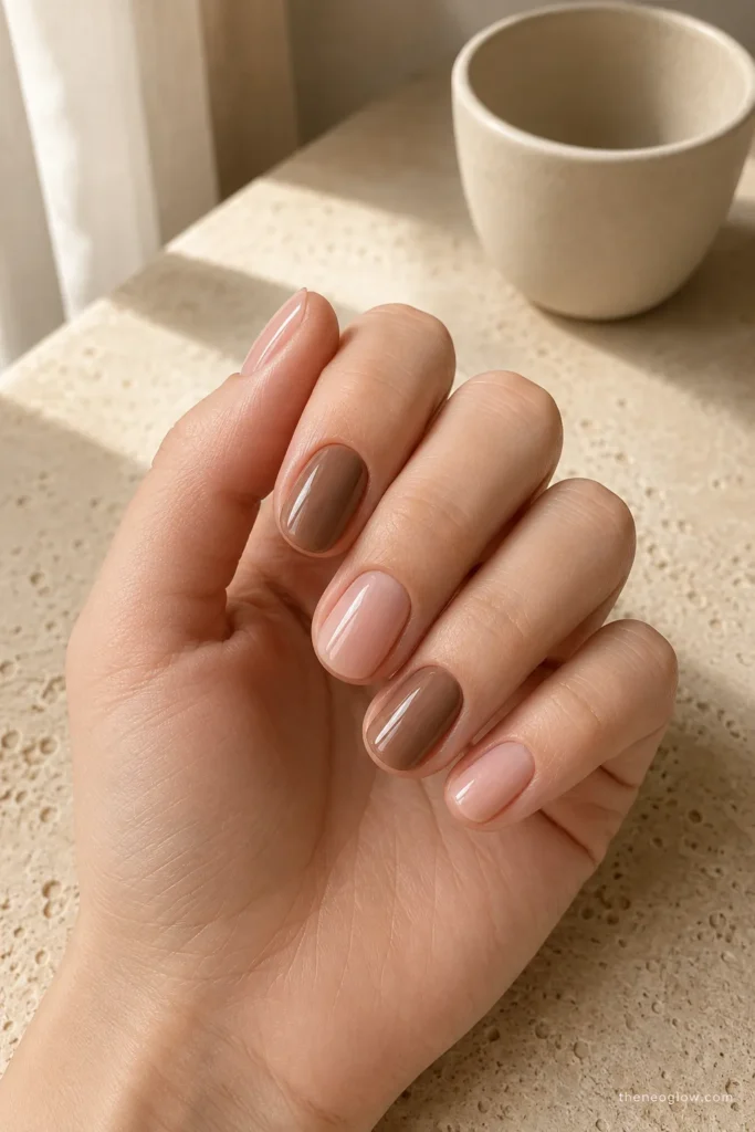 Glossy short nails in rich burgundy and modern olive