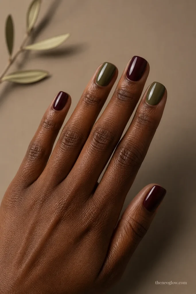Glossy short nails in rich burgundy and modern olive