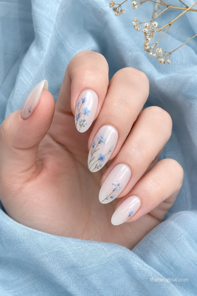 Almond nails with delicate blue wildflowers on a milky base