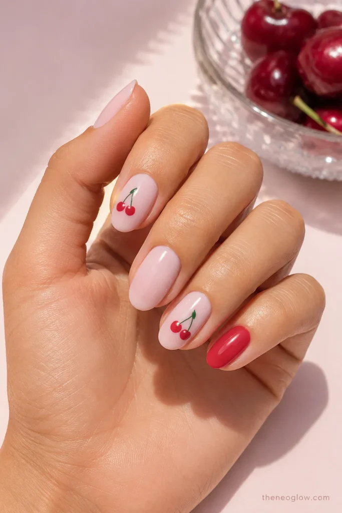Milky pink nails with tiny red cherry accents