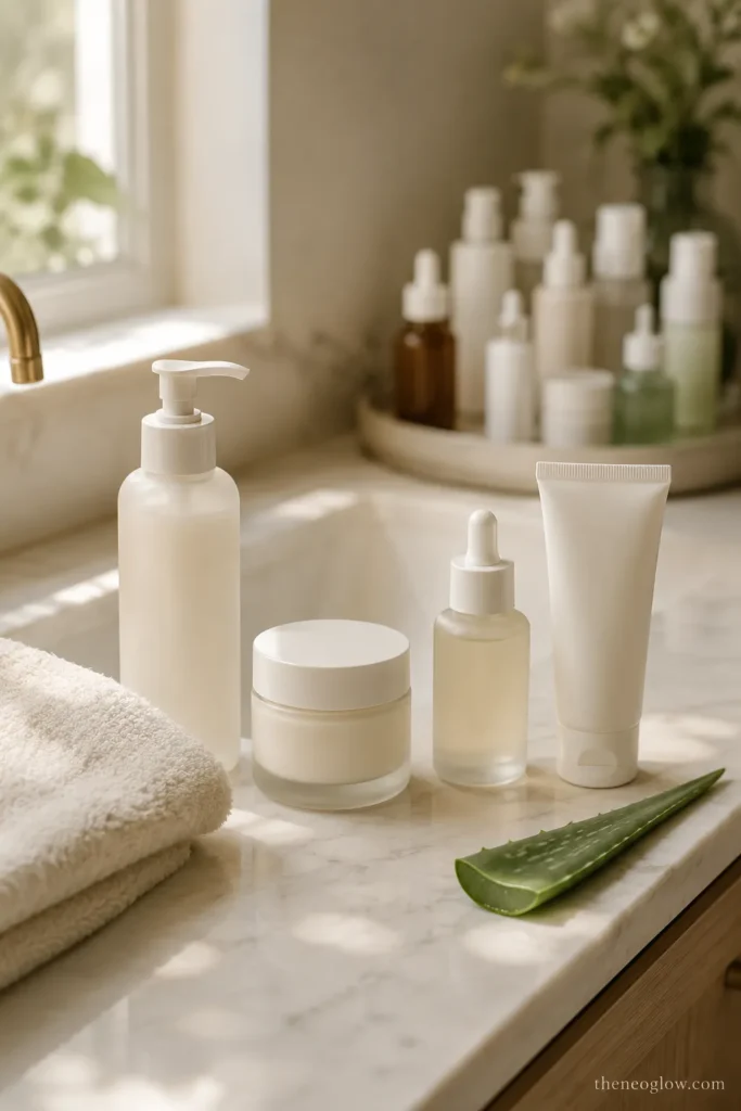 Gentle DIY skincare ingredients including oats, aloe, honey, and cucumber
