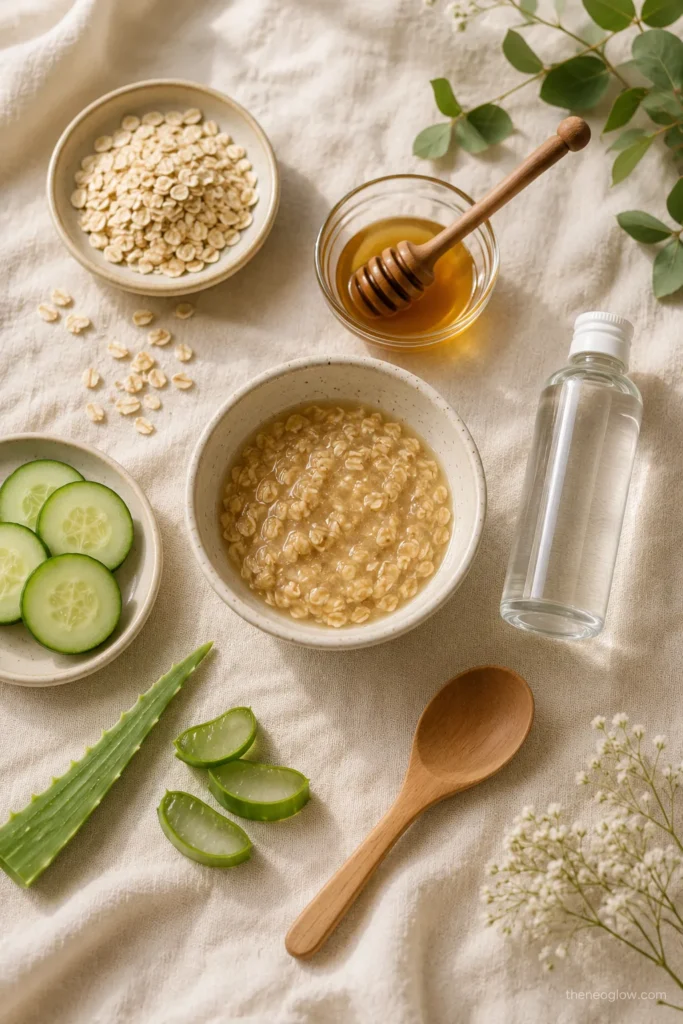 Gentle DIY summer face mask ingredients with oats honey cucumber and aloe