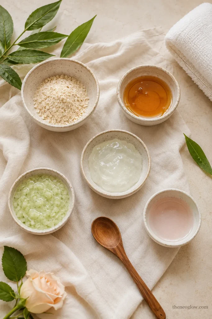 Gentle homemade face mask ingredients in ceramic bowls with oats, honey, aloe vera, and cucumber