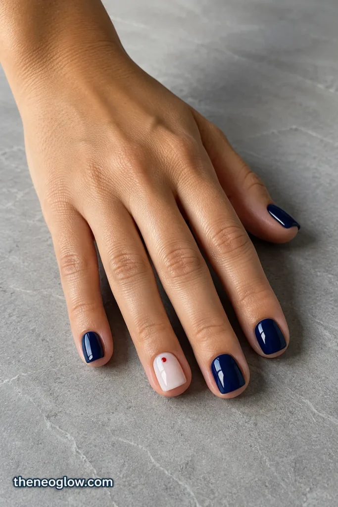Short glossy navy squoval nails with one milky-white ring-finger accent and a tiny red dot.