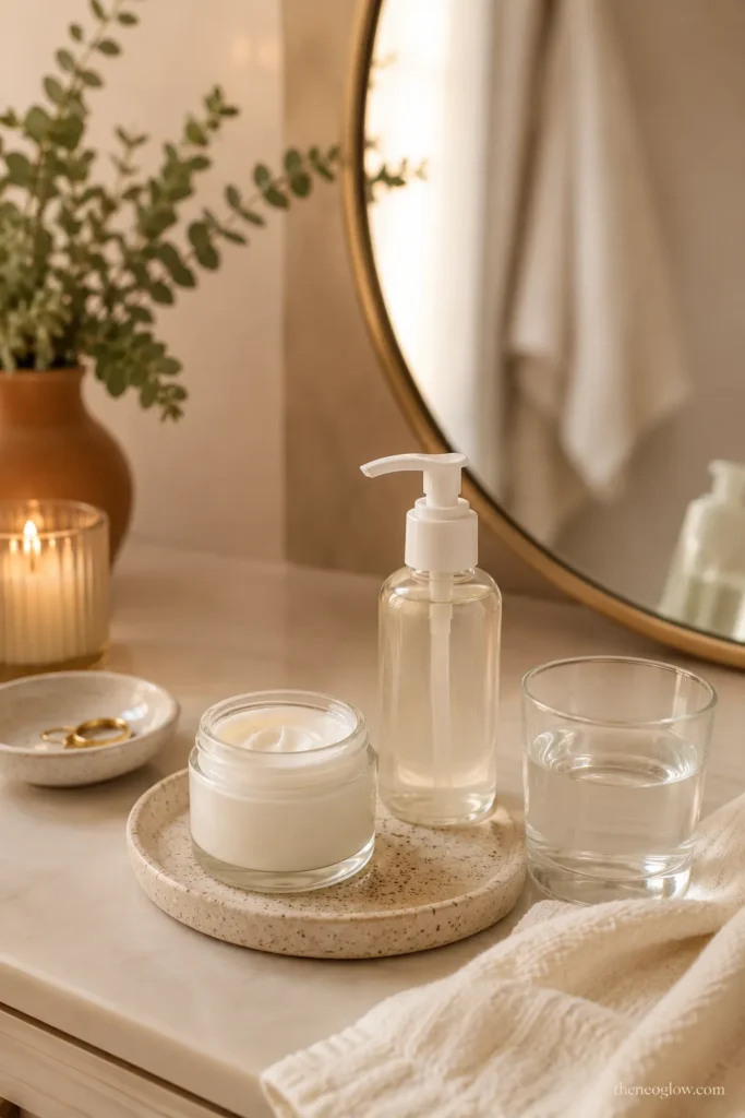Calm skincare routine setup with moisturizer, water glass, soft towel, and warm natural light