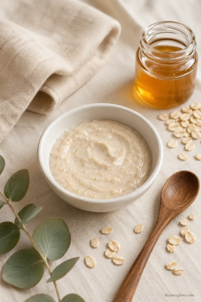 Honey oat face mask mixture with finely ground oats and honey in a small ceramic bowl