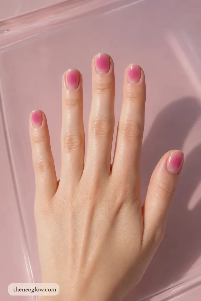 Short oval nails with translucent blush bases and softly diffused hot-pink aura centers on fair skin.