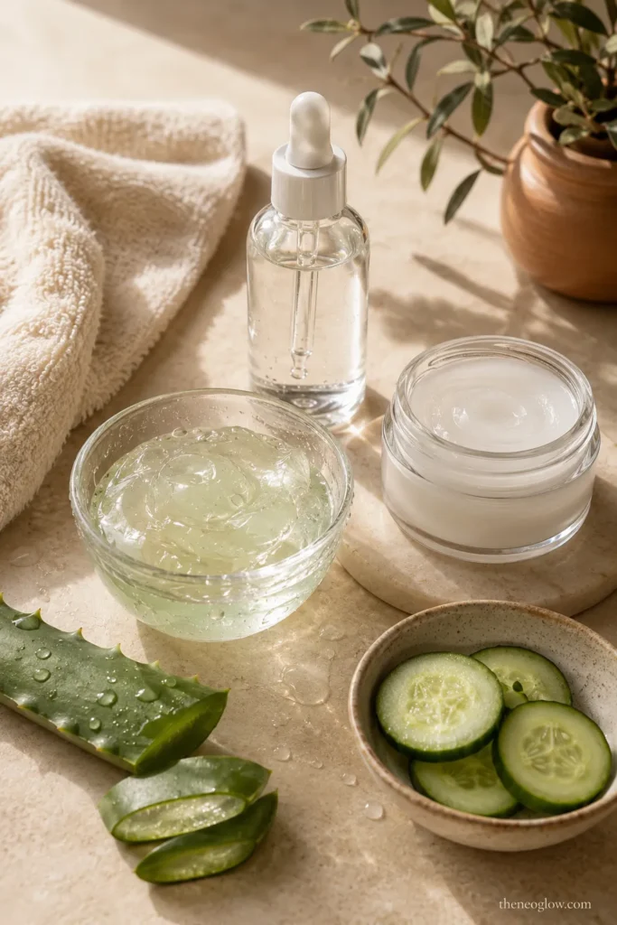 Hydrating skincare ingredients with aloe vera, gel moisturizer, serum, and soft towel