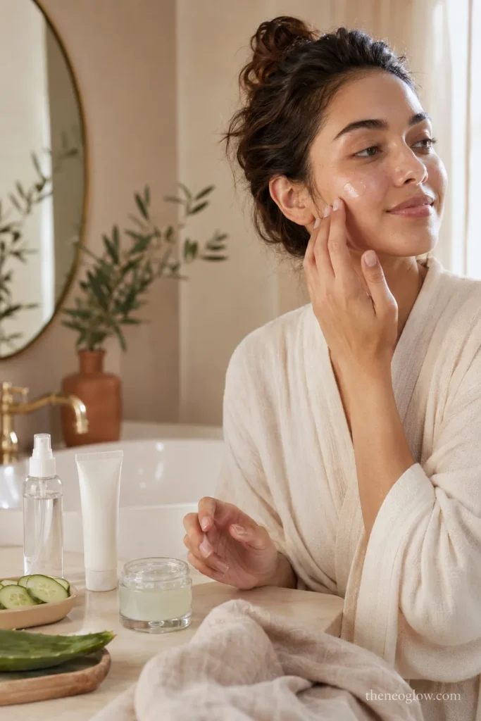 Woman applying lightweight moisturizer as part of a beginner clean beauty routine