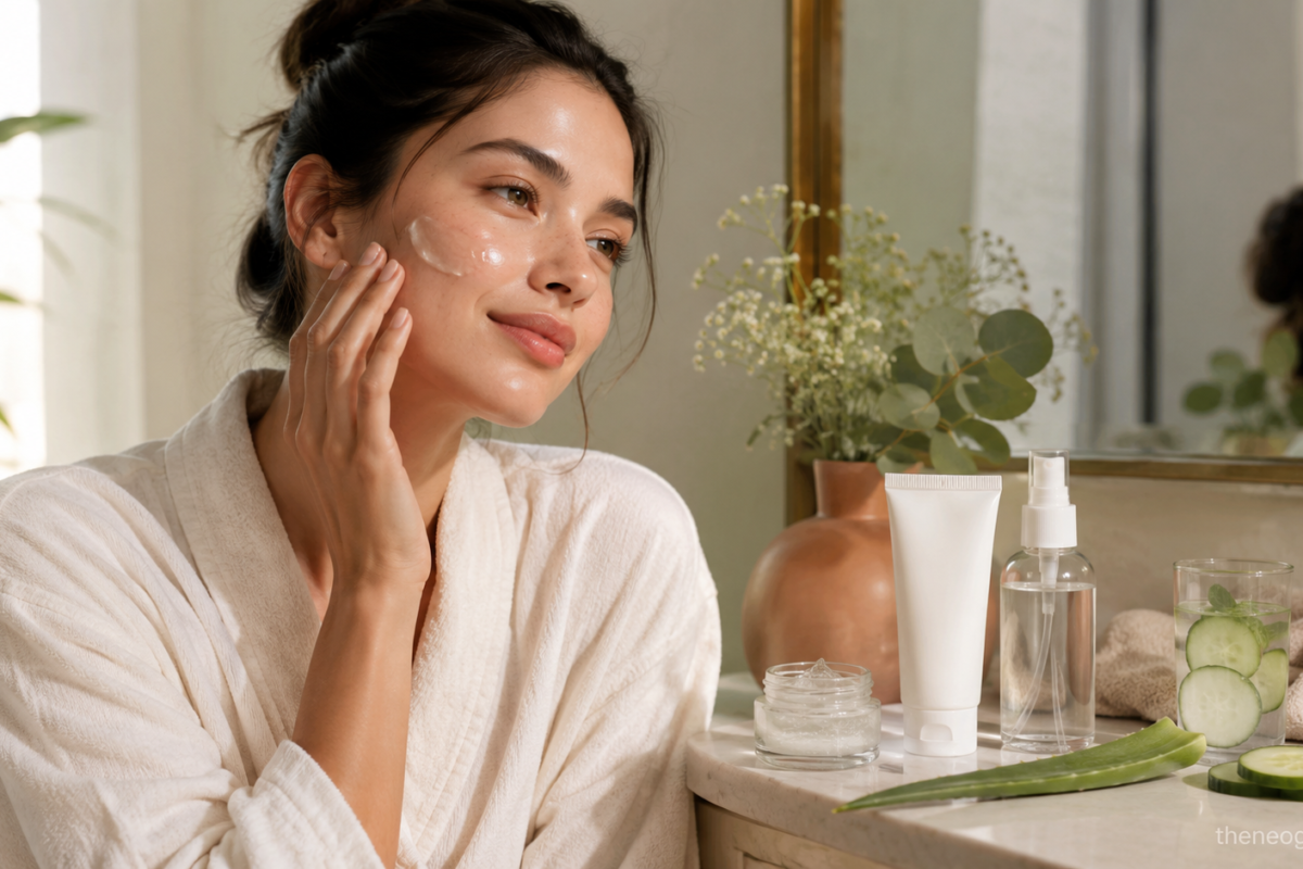 Woman applying lightweight moisturizer for a summer skincare routine on humid days