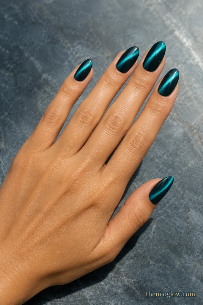Medium almond nails in deep teal magnetic gel with clean diagonal ribbons of reflective aqua light.