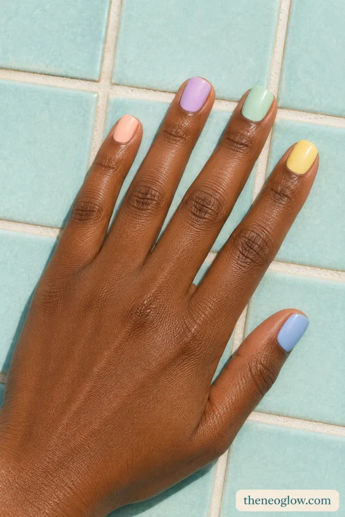 Milky pastel short square nails in powder blue, peach, lavender, mint, and pale yellow on deep brown skin.