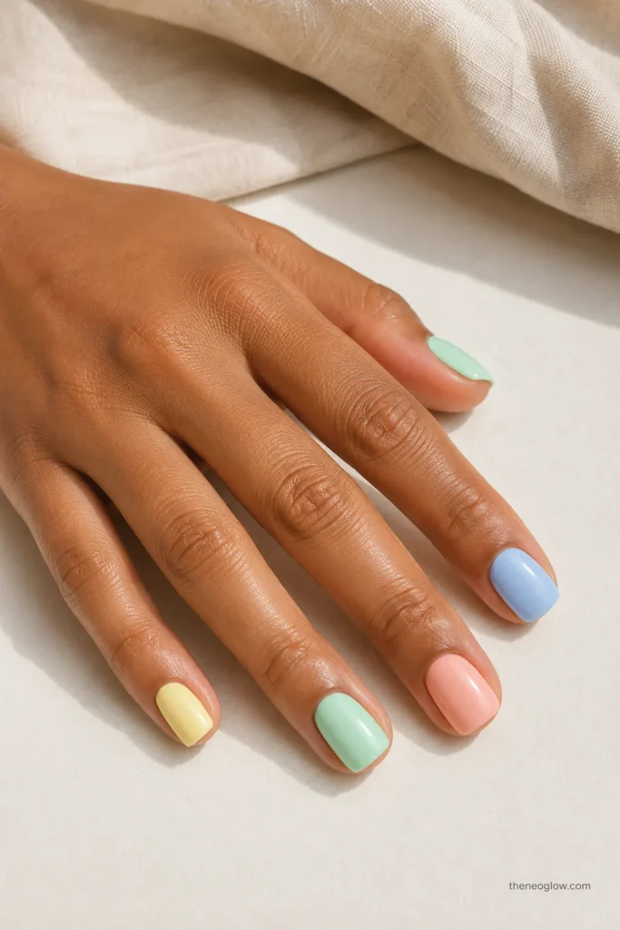 Short pastel nails in yellow, mint, lavender, peach, and blue