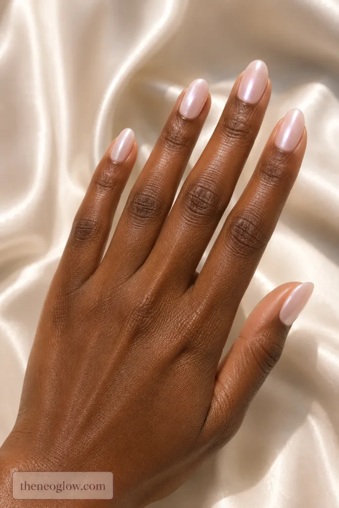 Sheer milky pink soft almond nails with fine pearl chrome on a deep brown hand in natural daylight.