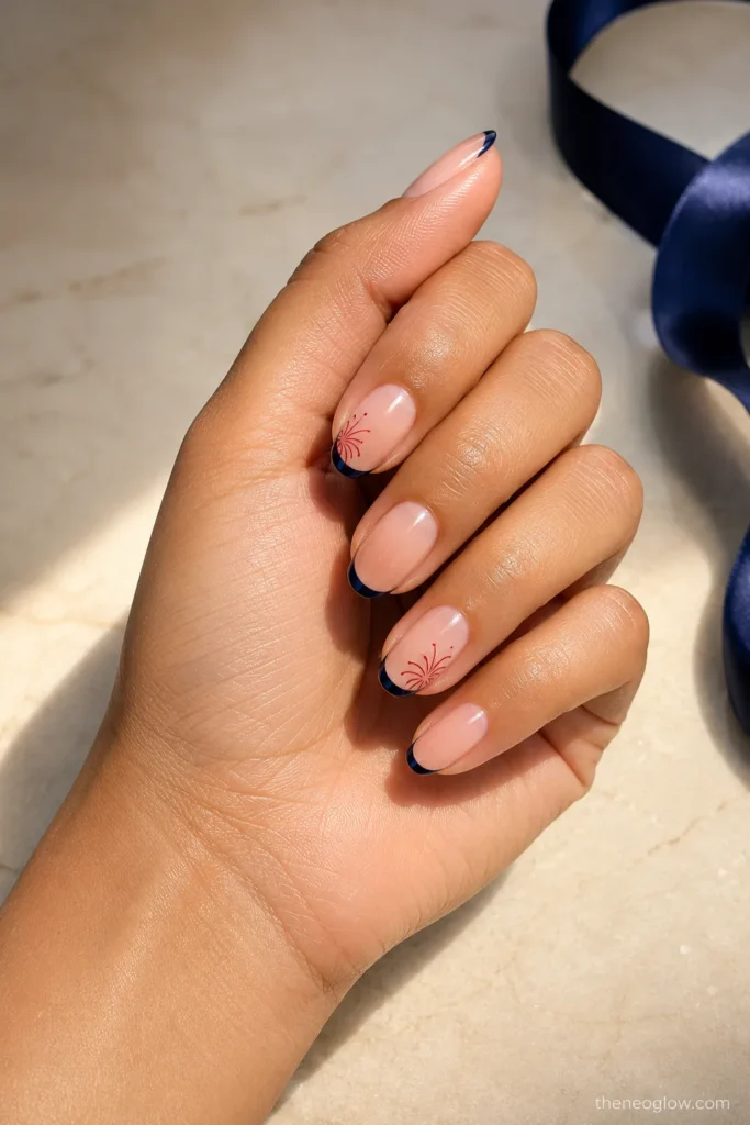 Navy micro French nails with delicate red firework accent details