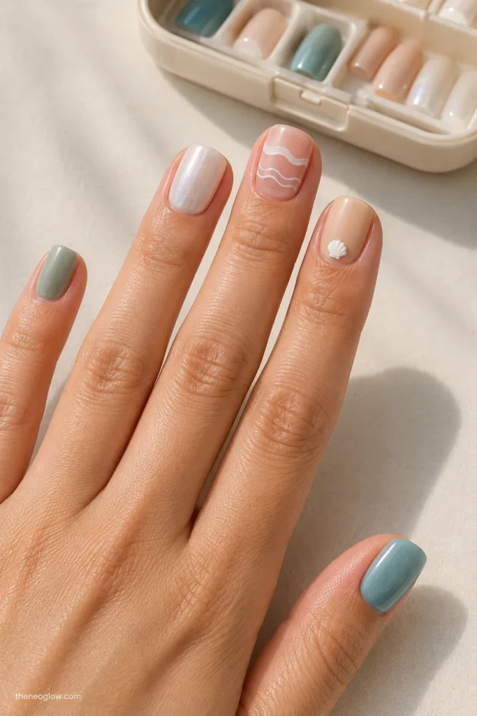 Short coastal press-on nails with aqua, pearl, shell, and wave details