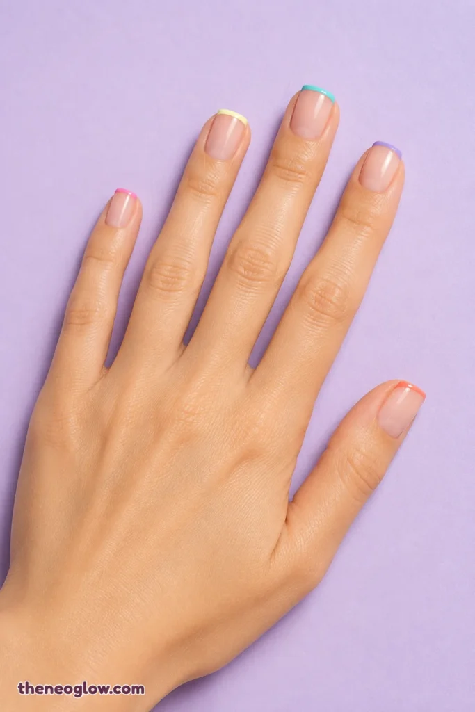 Short square nails with sheer pink bases and thin coral, yellow, aqua, lavender, and raspberry French tips.