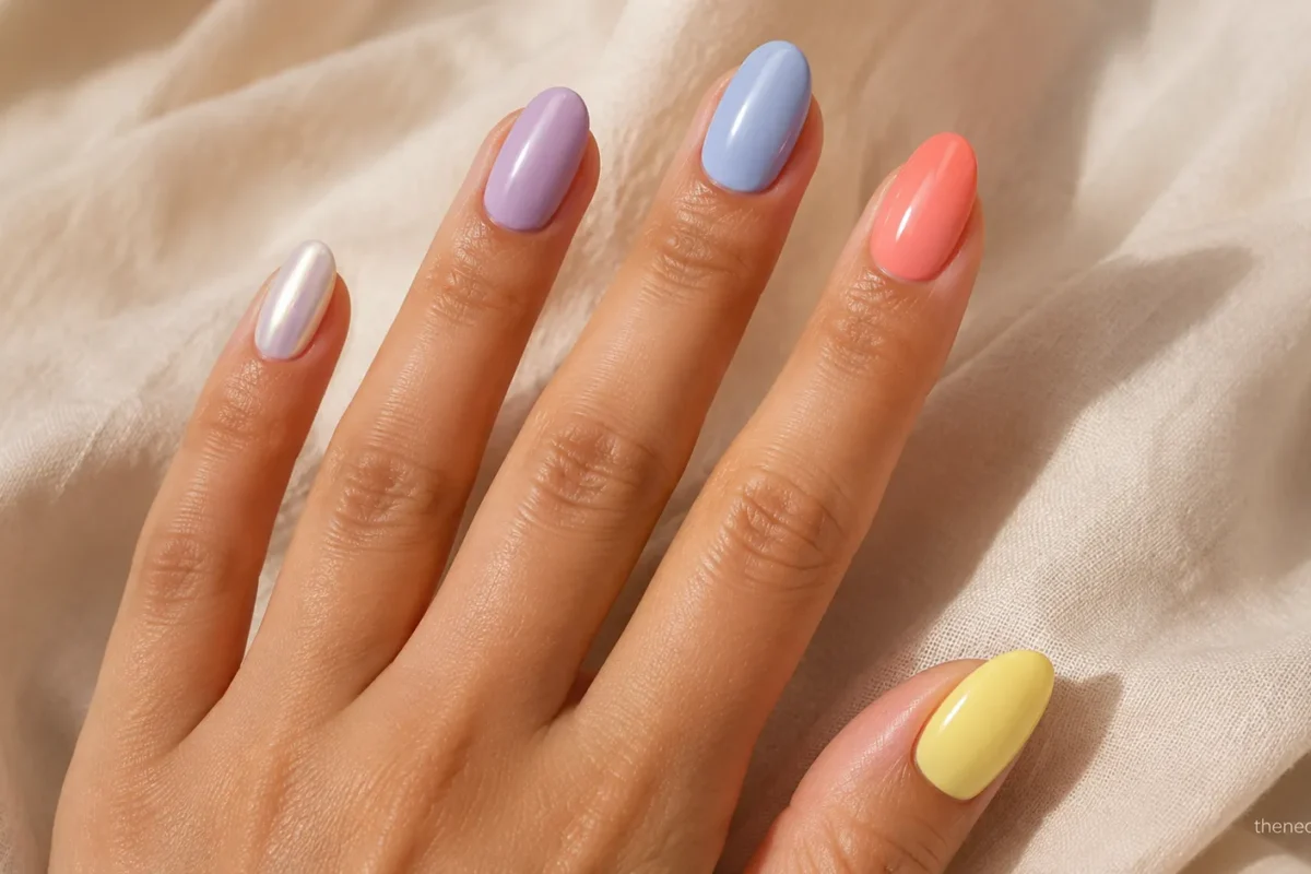 Almond nails in butter yellow, coral, powder blue, lavender, and pearl chrome