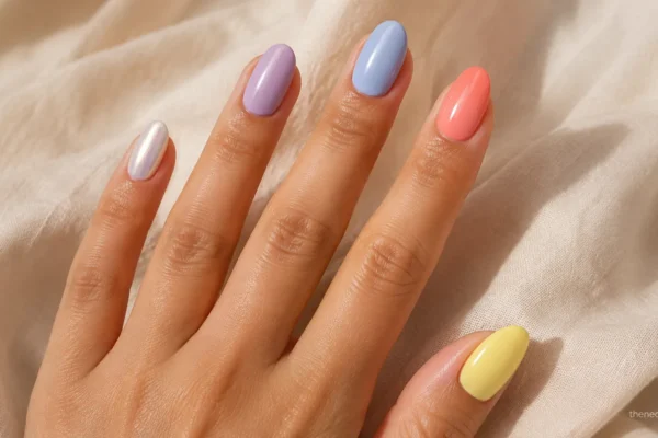 Almond nails in butter yellow, coral, powder blue, lavender, and pearl chrome