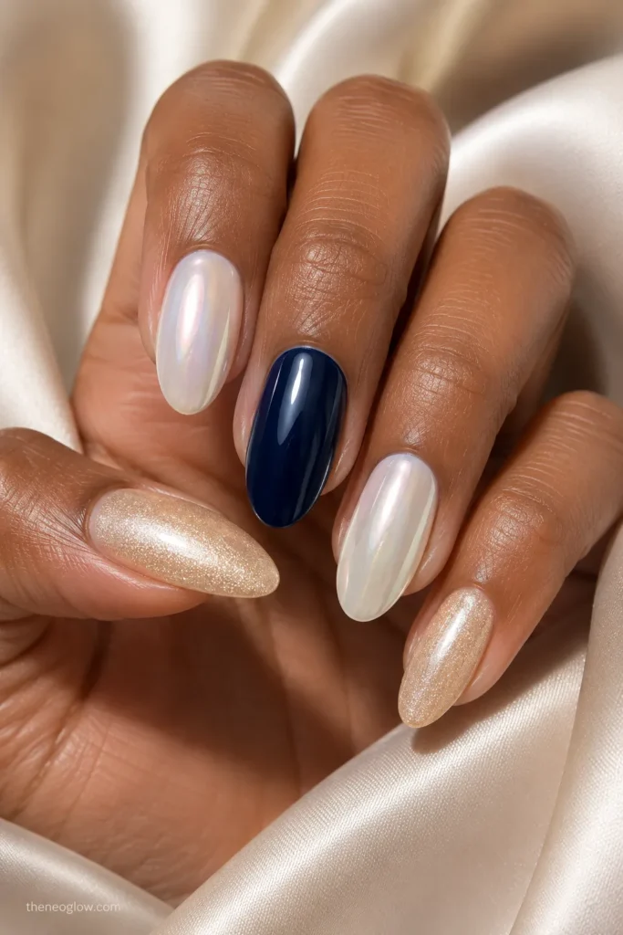 Almond nails in champagne shimmer, pearl chrome, and deep navy