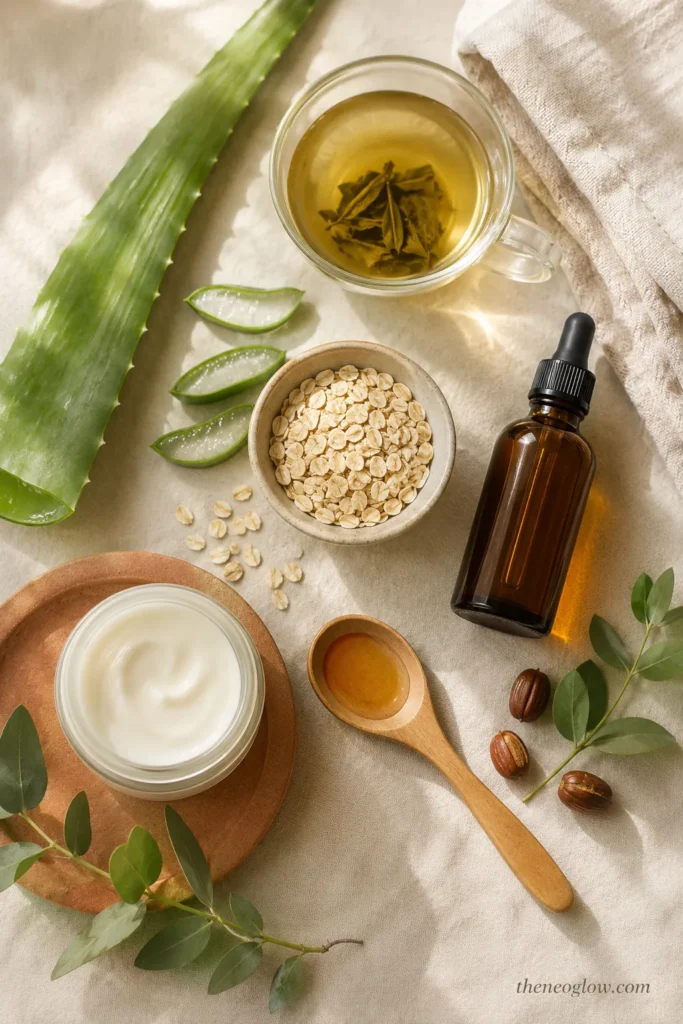 Natural skincare swaps with aloe, oats, green tea, jojoba oil, and unbranded clean beauty products
