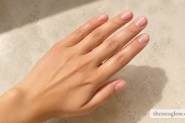 Short oval nails with a sheer pink soap-gloss finish on a light-medium hand against smooth cream stone.