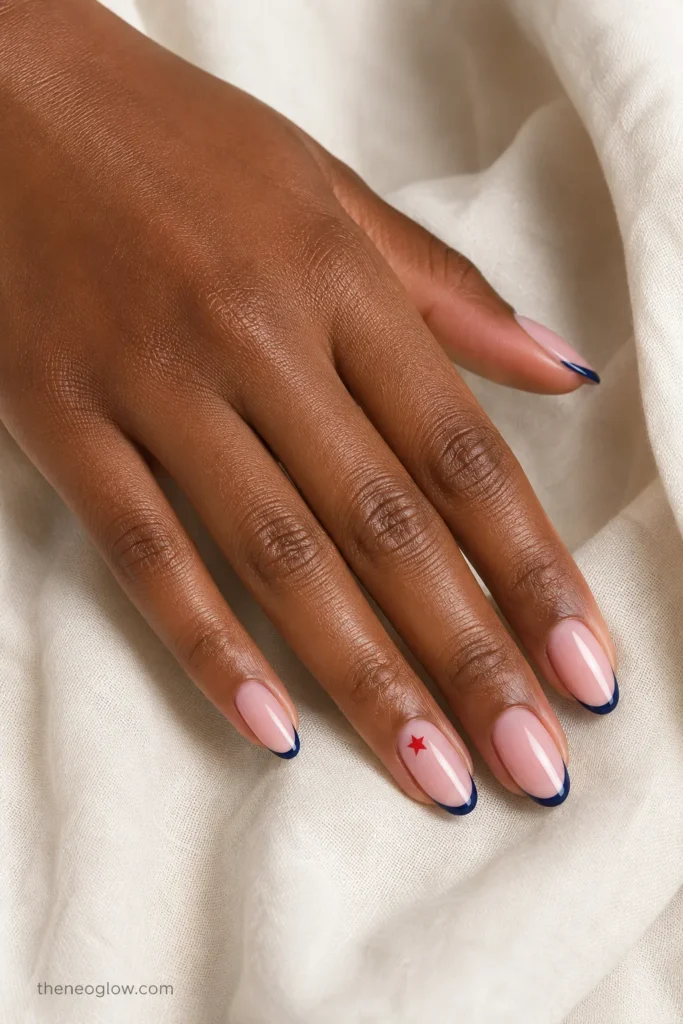Classic white French nails with tiny red and navy star accents