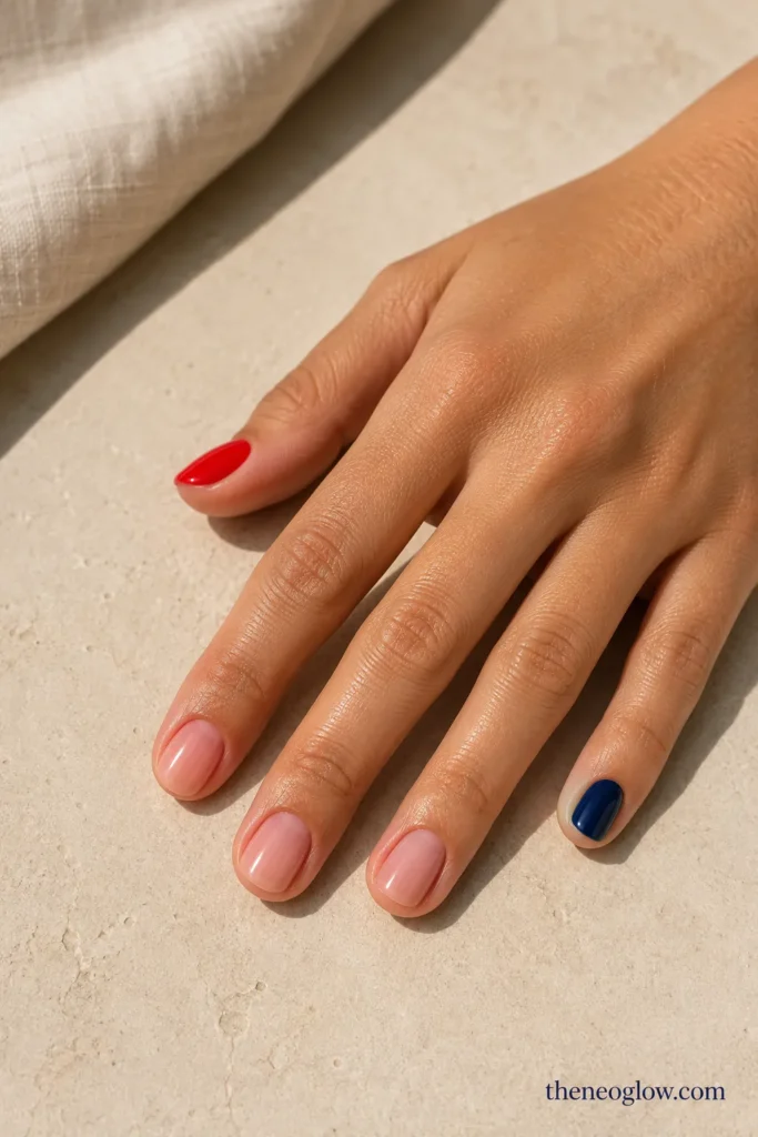 Short oval nude-pink nails with a cherry-red thumb, deep-navy pinky, and glossy neutral center nails.