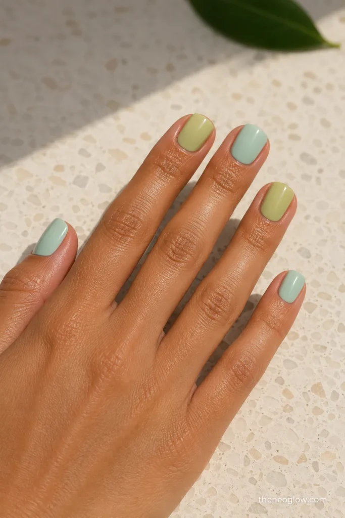 Almond nails in lilac, lavender, and milky white