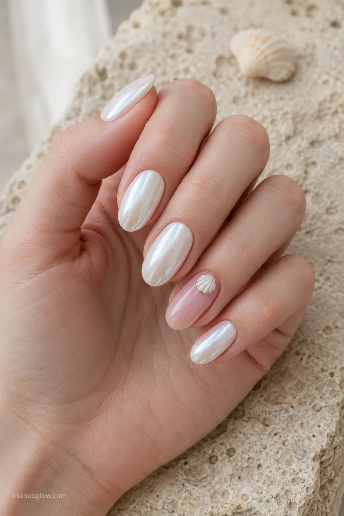 Pearl chrome nails with a miniature seashell accent