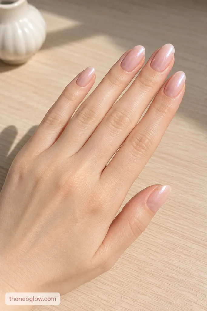 Medium almond nails with sheer pink polish and a soft pearl glaze on a fair hand over pale natural wood.