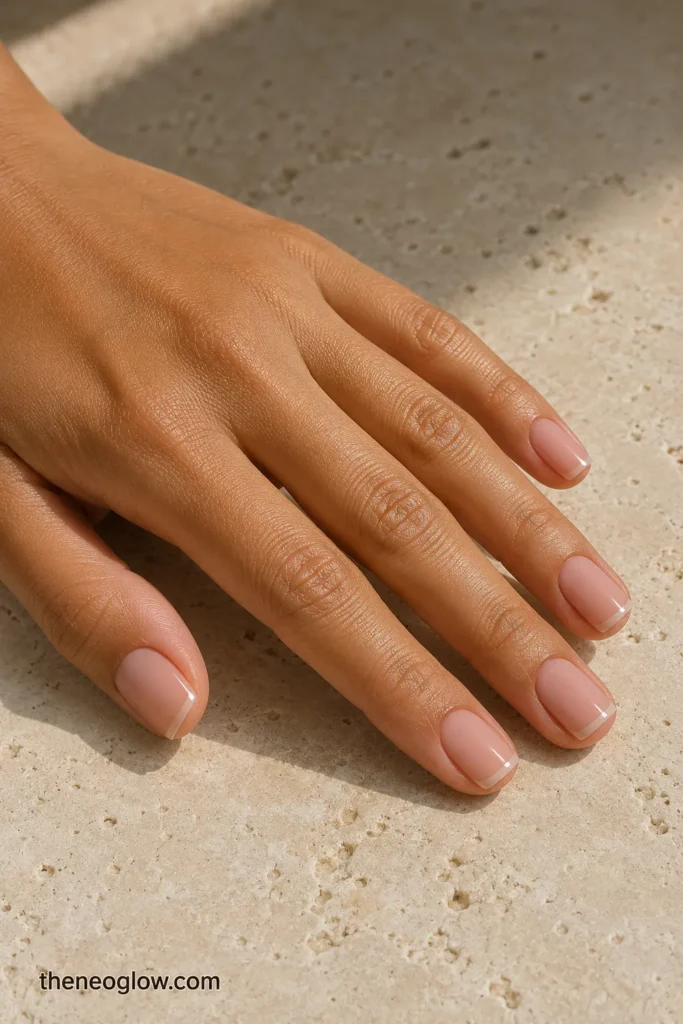 Short square pink-beige nails with a matte finish and slim clear glossy tips on olive skin.
