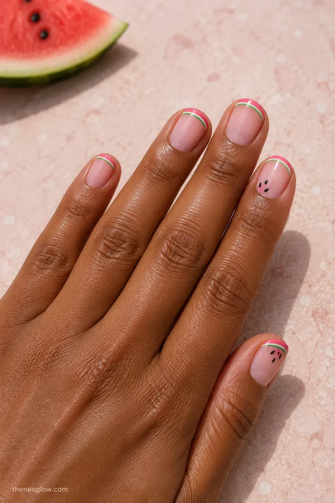 Short rounded nails with pink and green watermelon micro tips