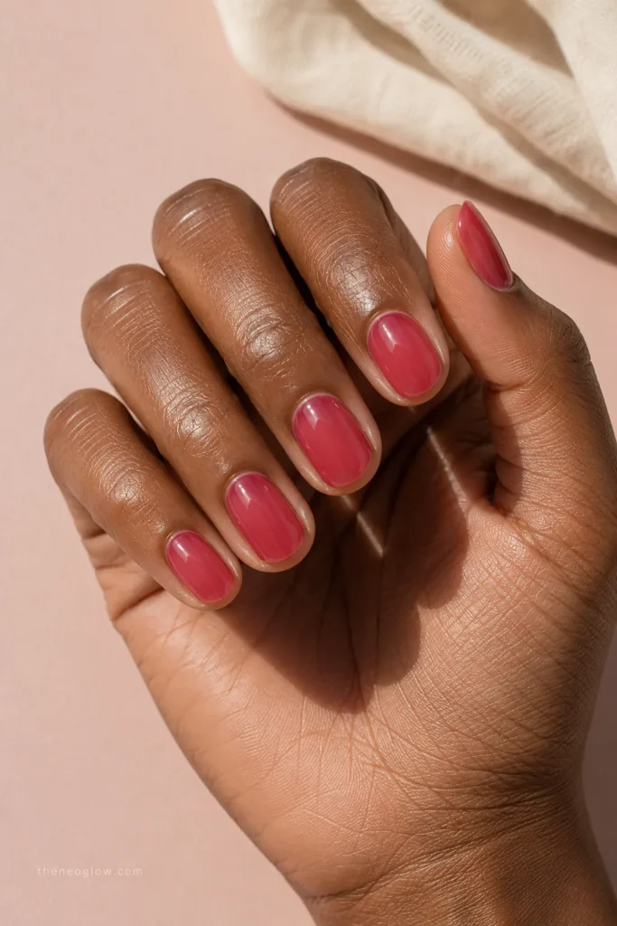 Glossy raspberry-pink jelly nails on short rounded nails