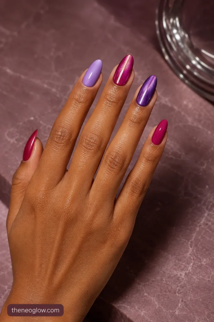 Medium almond raspberry and violet nails with two reflective cat-eye accent beams on rich brown skin.