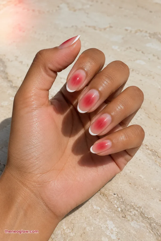 Medium oval nails with soft red aura centers, transparent sidewalls, and crisp white micro French tips.