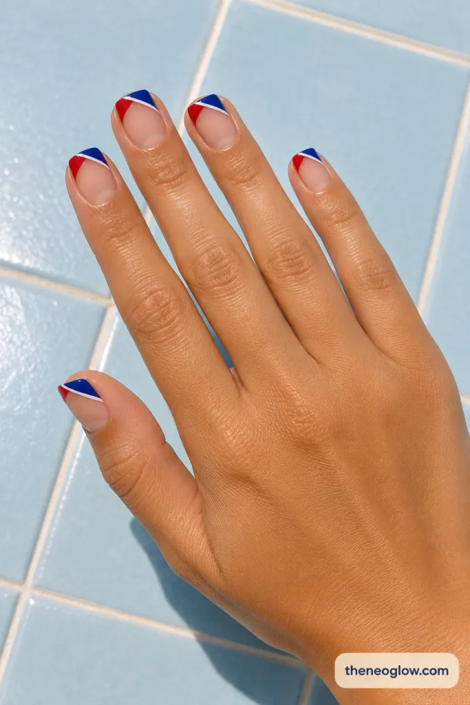 Short square nails with diagonal red and cobalt tip sections separated by a fine white line.