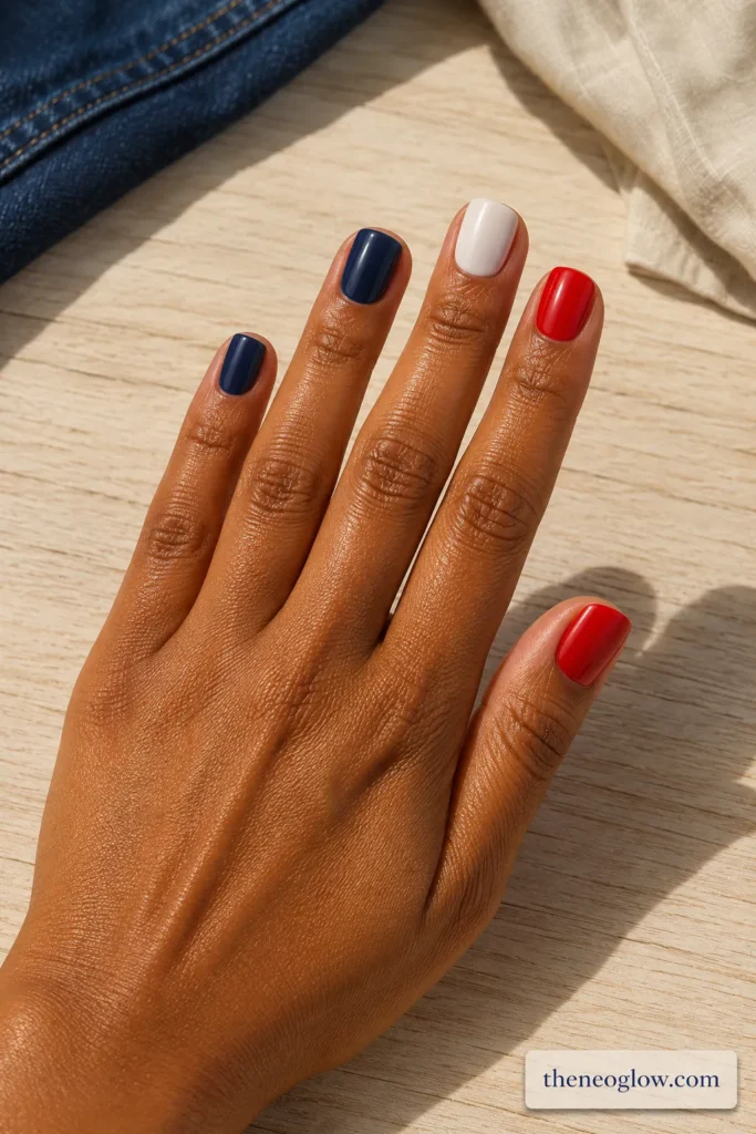 Short squoval nails in a polished cherry-red, deep-navy, and milky-white five-finger color rhythm.