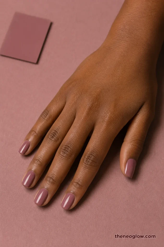 Glossy rosy mauve short square nails with visible pink-brown color on a medium-deep brown hand.