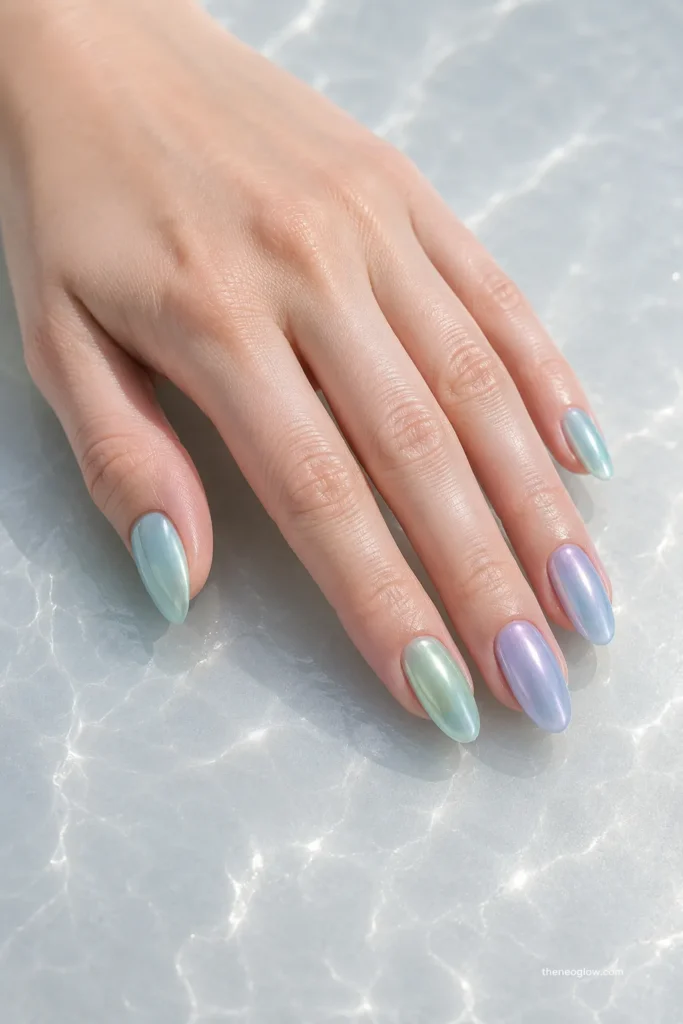 Aqua, mint, lavender, and pale-blue sea-glass chrome nails