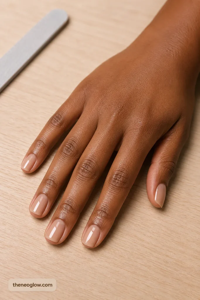 Sheer nude soap-gloss manicure on short soft-square nails beside a simple nail file on a salon surface.