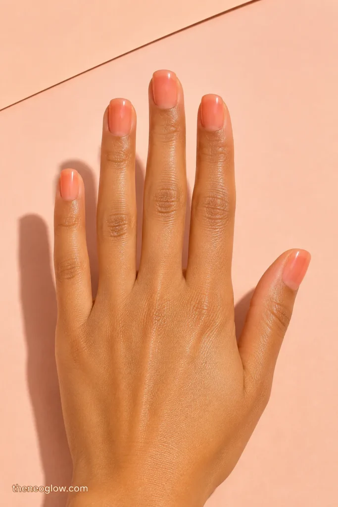 Short squoval peach-jelly nails with translucent shine on a warm tan hand over a pale peach surface.