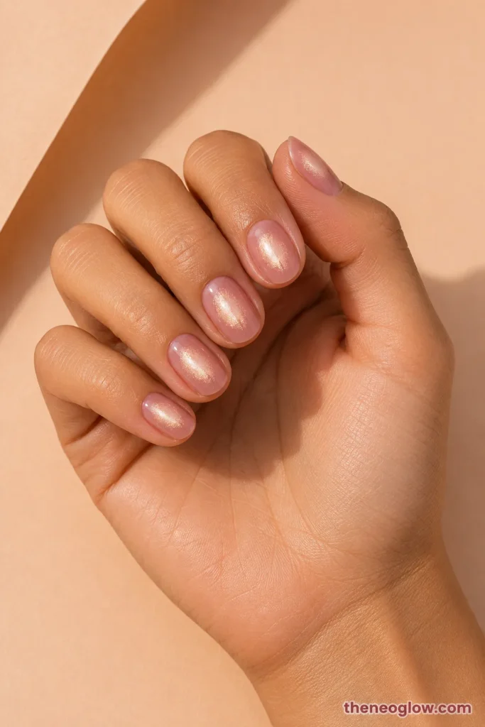 Short oval blush nails with sheer rose-gold cat-eye halos on an olive hand over soft peach paper.