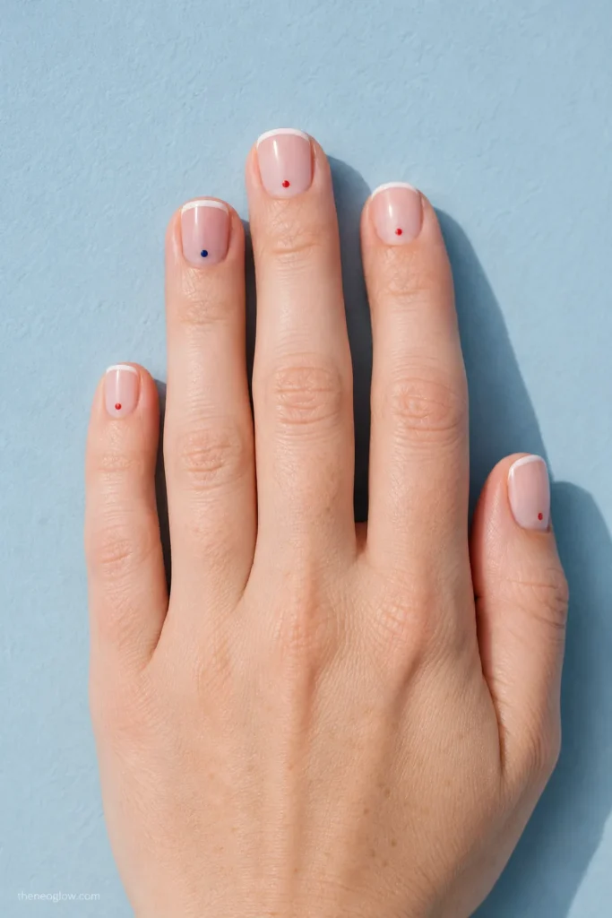 Short sheer nails with white micro French tips and red and navy cuticle dots